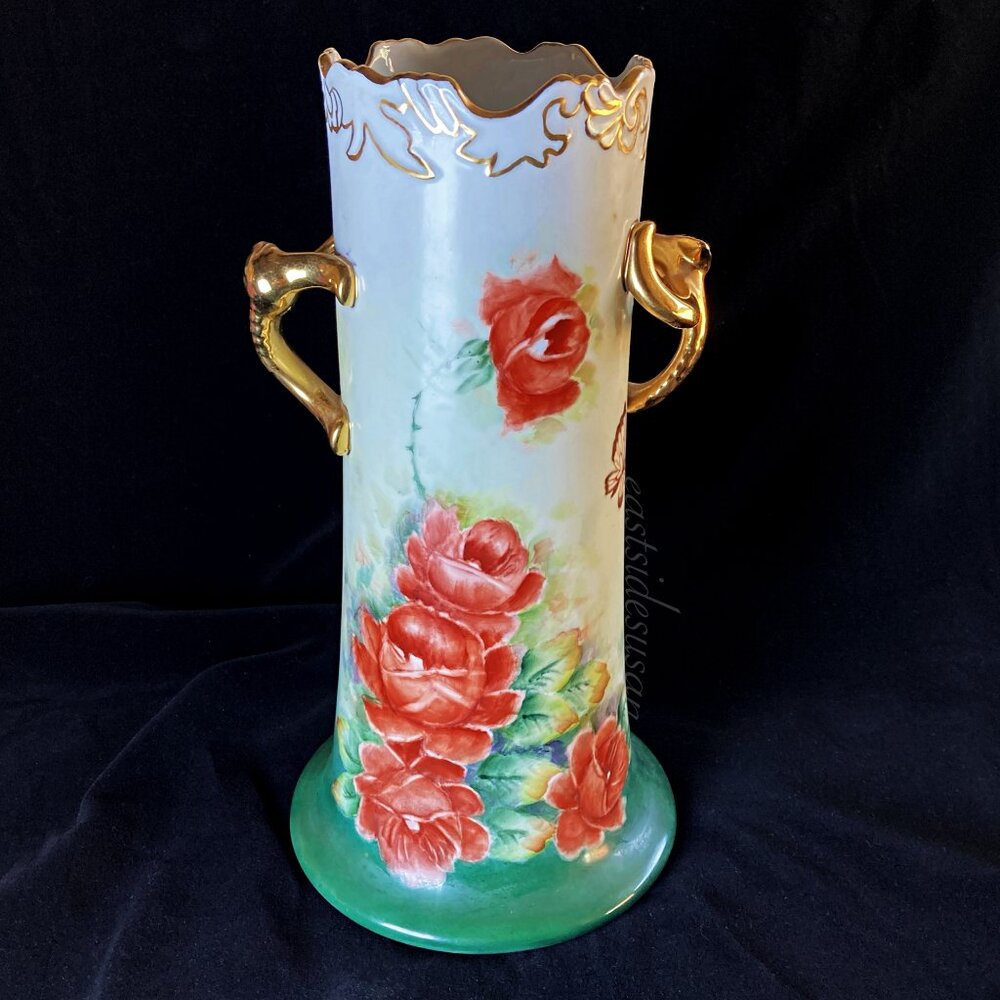 Stunning Large VTG Vase Handpainted Floral w Gold Detail - Bavaria?